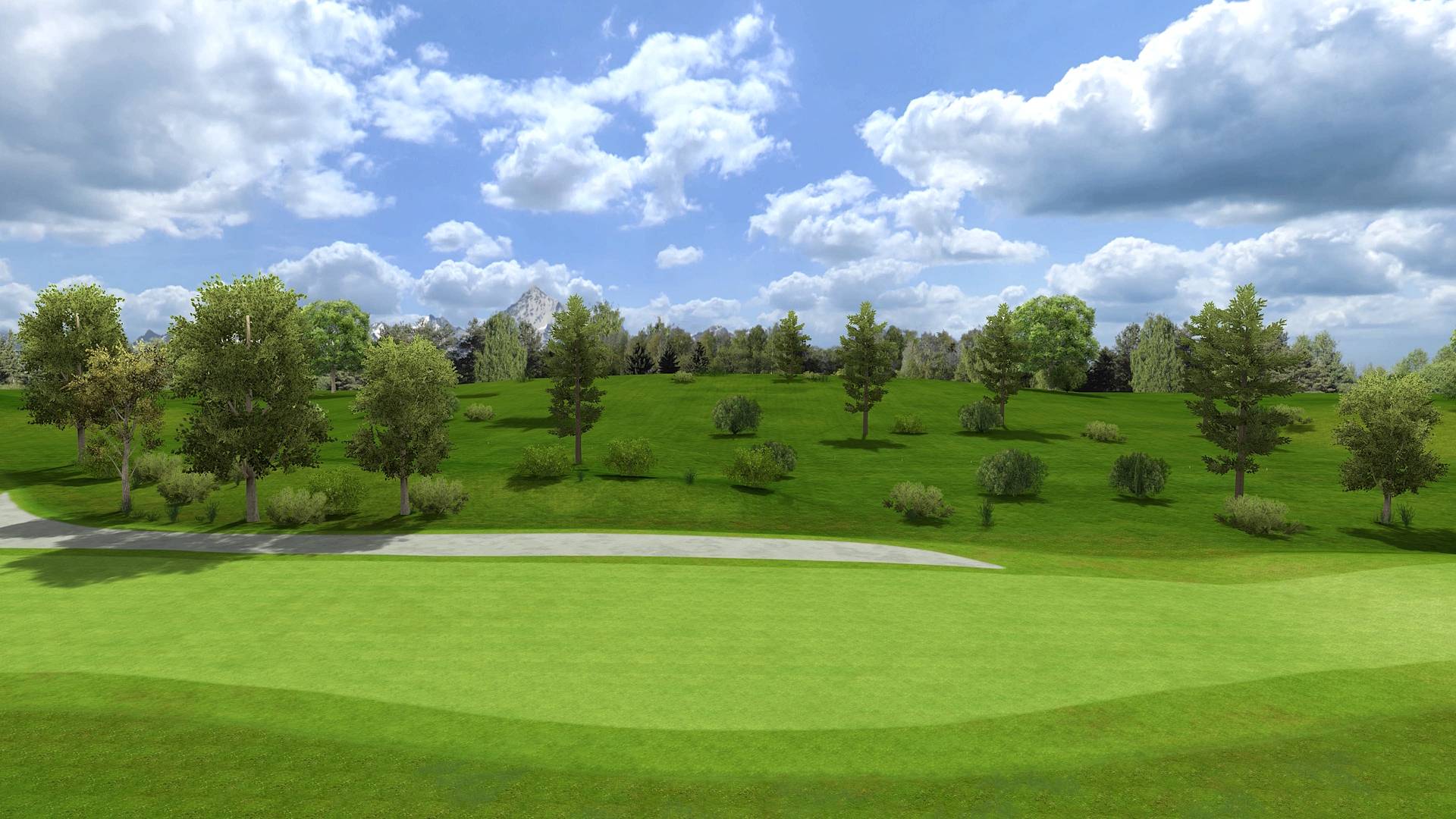 - Golf 5 Glen Forest Parkland Hole 1 — fairway through towering pines with serene woodland views.