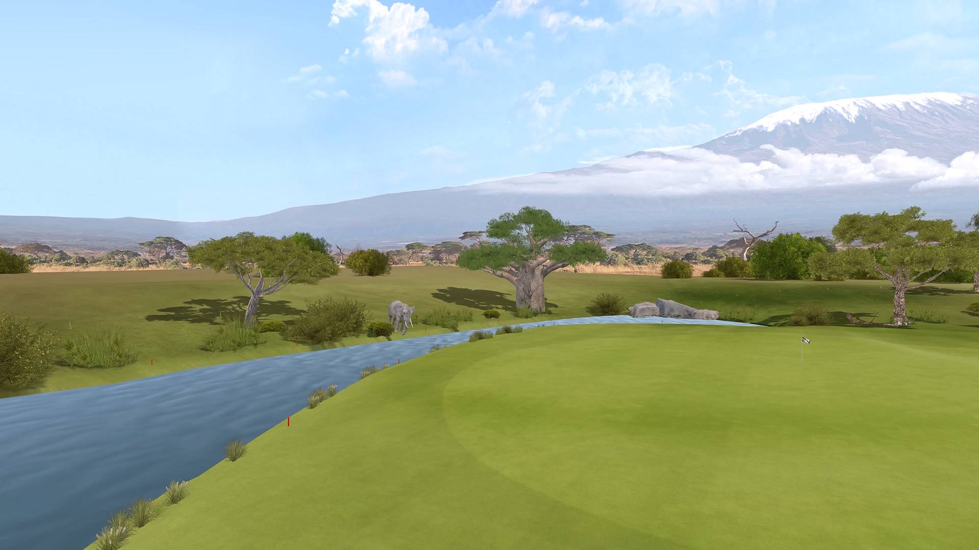 Hole 3. Fairway winds through golden savanna with Kilimanjaro rising in the distance.
