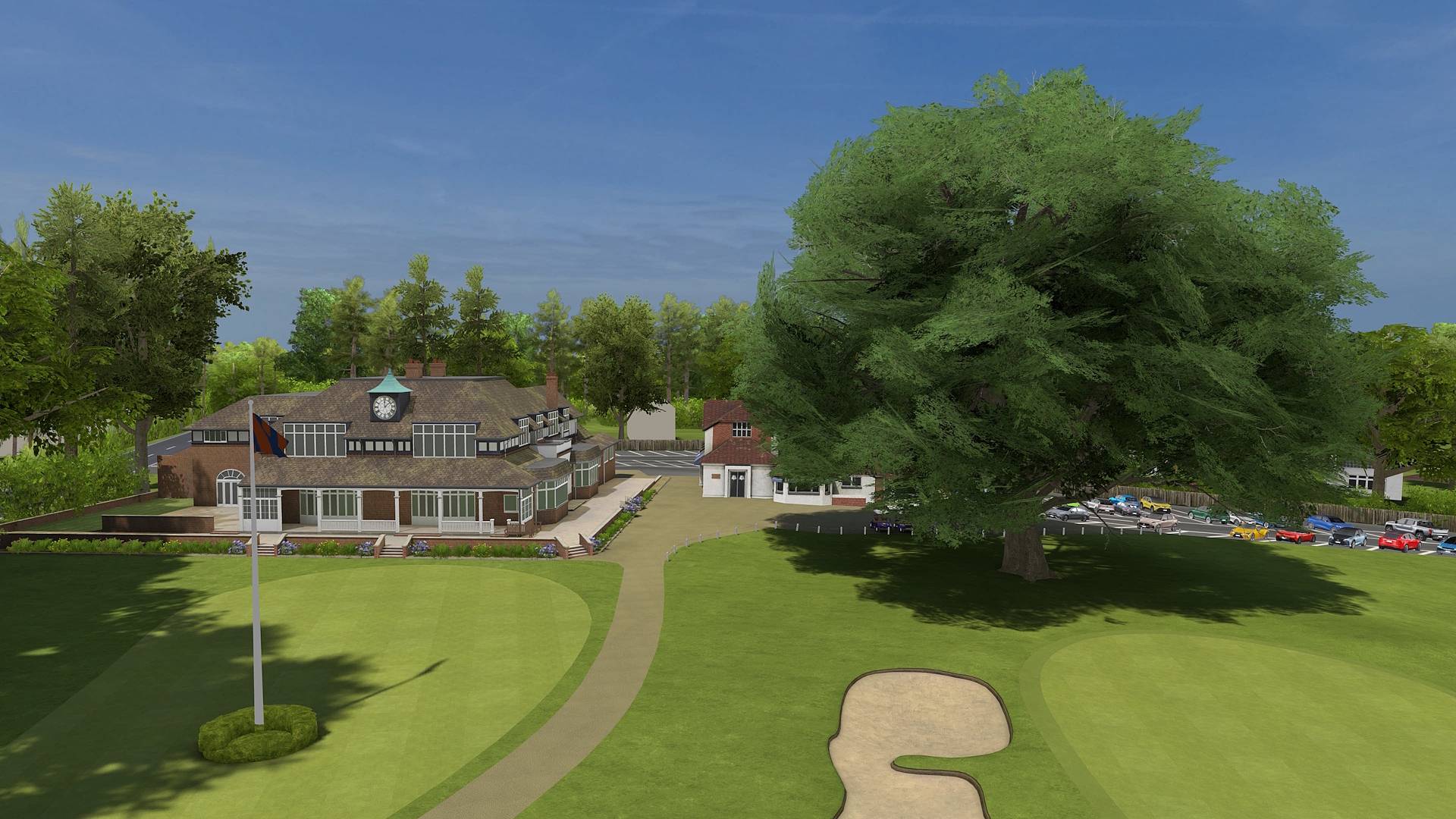Golf 5 Sunningdale Old Course Hole 1 — opening fairway with view of the iconic clubhouse.