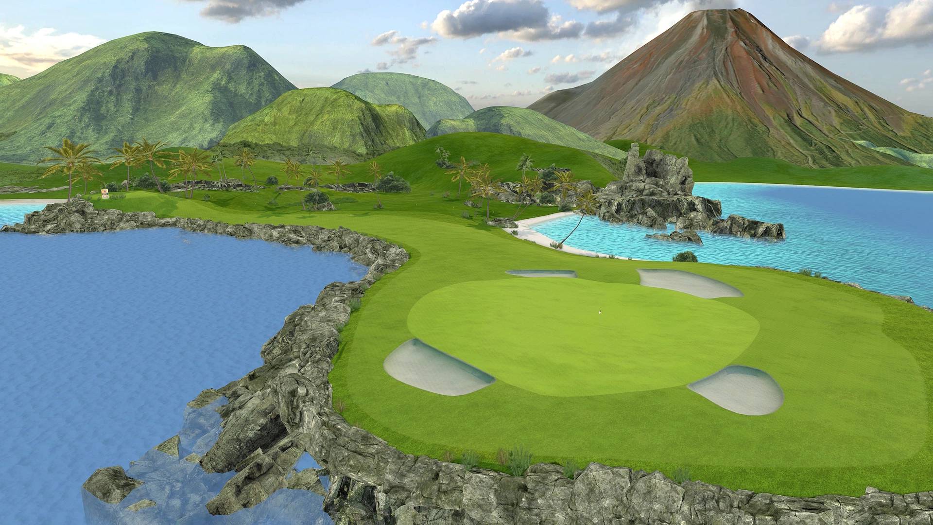 Hole 9. Tropical fairway with ocean views and palm-lined bunkers on a volcanic island.